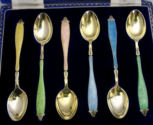 STUNNING SET OF SIX STERLING SILVER GILT ENAMELLED SPOONS 1957 CASED - ADDITIONAL PHOTO 3