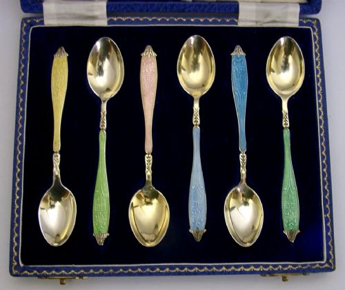 STUNNING SET OF SIX STERLING SILVER GILT ENAMELLED SPOONS 1957 CASED - ADDITIONAL PHOTO 4