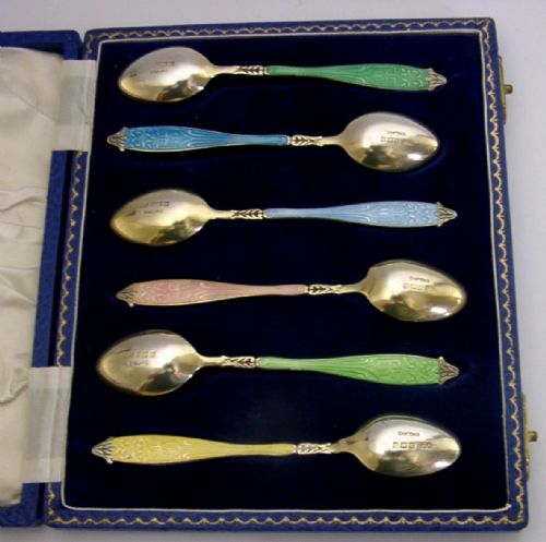 STUNNING SET OF SIX STERLING SILVER GILT ENAMELLED SPOONS 1957 CASED - ADDITIONAL PHOTO 5