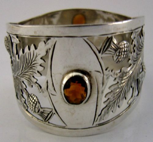 ARTS CRAFTS STERLING SILVER SCOTTISH THISTLE CITRINE NAPKIN RING 1910 ANTIQUE - ADDITIONAL PHOTO 2