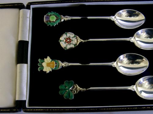 SET OF FOUR STERLING SILVER ENAMELLED BRITISH EMBLEM SPOONS 1957 CASED - ADDITIONAL PHOTO 2