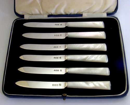 ART DECO CASED SET OF SIX STERLING SILVER MOP AFTERNOON TEA CUTLERY 1928 ANTIQUE - ADDITIONAL PHOTO 3