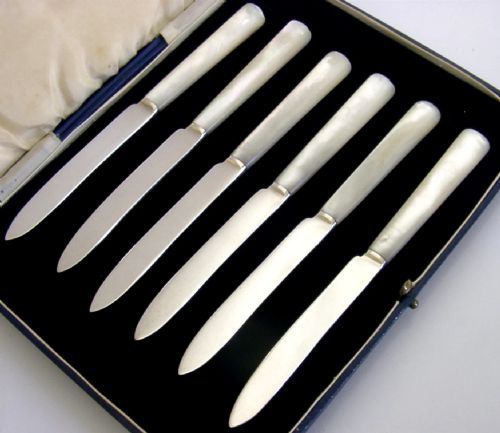 ART DECO CASED SET OF SIX STERLING SILVER MOP AFTERNOON TEA CUTLERY 1928 ANTIQUE - ADDITIONAL PHOTO 4