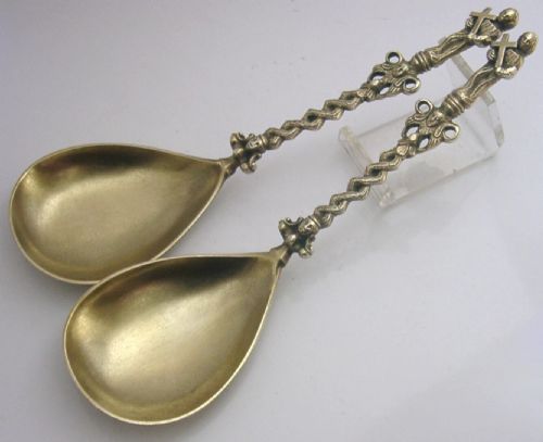 SUPERB PAIR OF DANISH SOLID SILVER GILT APOSTLE SERVING SPOONS 1890 ANTIQUE 112G - ADDITIONAL PHOTO 2