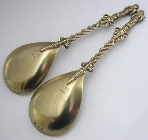 SUPERB PAIR OF DANISH SOLID SILVER GILT APOSTLE SERVING SPOONS 1890 ANTIQUE 112G - ADDITIONAL PHOTO 4