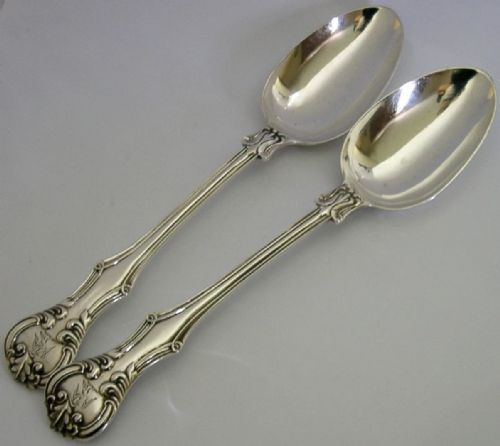 SUPERB PAIR OF 198G STERLING SILVER FALCONER FAMILY CRESTED SERVING SPOONS 1851 ANTIQUE - ADDITIONAL PHOTO 4