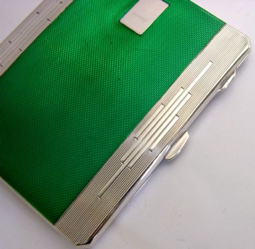 MINT ENGLISH STERLING SILVER GREEN ENAMEL CIGARETTE CASE 1947 ANTIQUE ART DECO - ADDITIONAL PHOTO 2