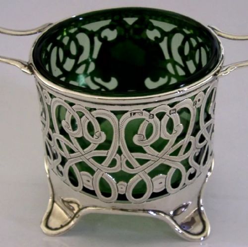 STUNNING ART NOUVEAU STERLING SILVER GREEN GLASS LINED BOWL 1902 ANTIQUE 226G - ADDITIONAL PHOTO 2