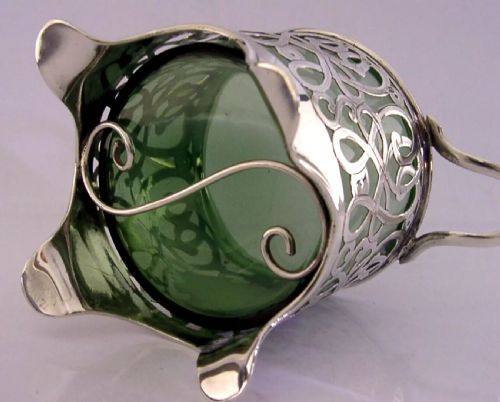STUNNING ART NOUVEAU STERLING SILVER GREEN GLASS LINED BOWL 1902 ANTIQUE 226G - ADDITIONAL PHOTO 6