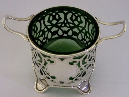 STUNNING ART NOUVEAU STERLING SILVER GREEN GLASS LINED BOWL 1902 ANTIQUE 226G - ADDITIONAL PHOTO 7