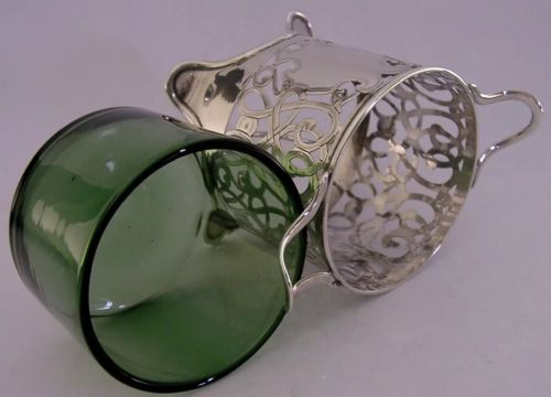 STUNNING ART NOUVEAU STERLING SILVER GREEN GLASS LINED BOWL 1902 ANTIQUE 226G - ADDITIONAL PHOTO 8