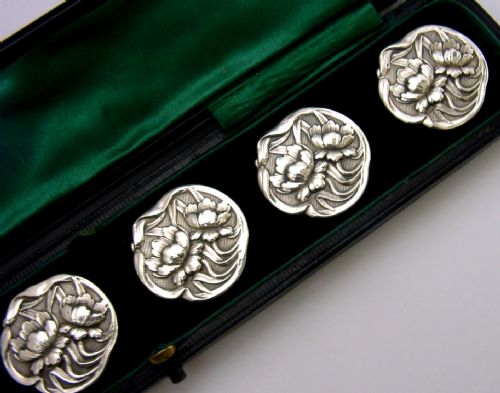 SIX LARGE STERLING SILVER ART NOUVEAU WATER LILY FLOWER BUTTONS 1902 ANTIQUE - ADDITIONAL PHOTO 1