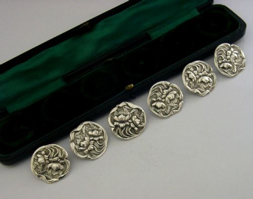 SIX LARGE STERLING SILVER ART NOUVEAU WATER LILY FLOWER BUTTONS 1902 ANTIQUE - ADDITIONAL PHOTO 4