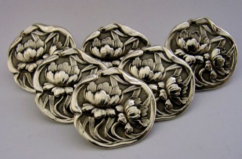SIX LARGE STERLING SILVER ART NOUVEAU WATER LILY FLOWER BUTTONS 1902 ANTIQUE - ADDITIONAL PHOTO 5
