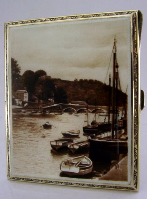 rare sterling silver enamel looe cornwall cigarette case 1929 antique superb - CATEGORY: ANTIQUE SILVER - DATED 1920