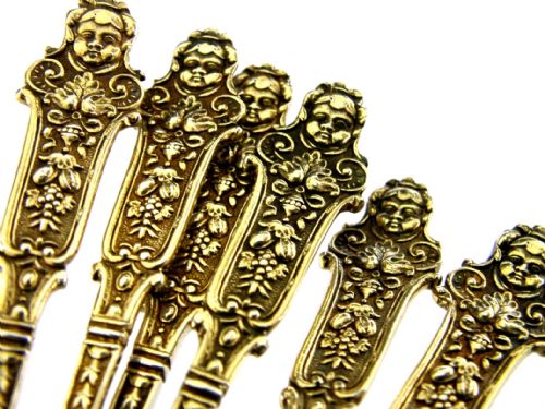 HEAVY 124G STERLING SILVER GILT CHERUB SPOONS TONGS STUNNING 1932 ANTIQUE - ADDITIONAL PHOTO 1