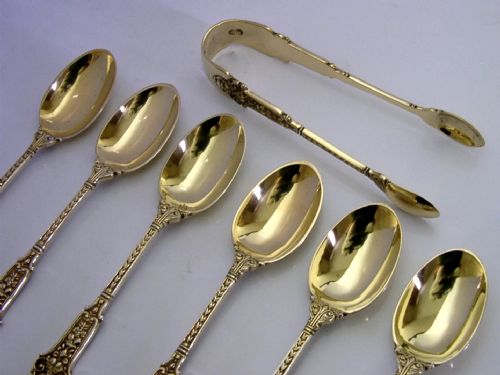 HEAVY 124G STERLING SILVER GILT CHERUB SPOONS TONGS STUNNING 1932 ANTIQUE - ADDITIONAL PHOTO 2