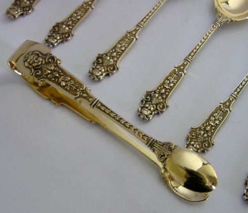 HEAVY 124G STERLING SILVER GILT CHERUB SPOONS TONGS STUNNING 1932 ANTIQUE - ADDITIONAL PHOTO 3