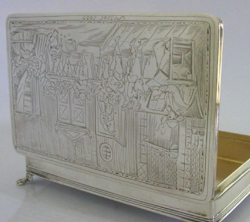 DUTCH 216G SOLID SILVER 1635 SCHOOL SCENE TABLE CIGAR BOX 1900 ANTIQUE VICTORIAN - ADDITIONAL PHOTO 2