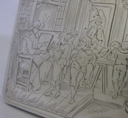 DUTCH 216G SOLID SILVER 1635 SCHOOL SCENE TABLE CIGAR BOX 1900 ANTIQUE VICTORIAN - ADDITIONAL PHOTO 3