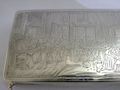 DUTCH 216G SOLID SILVER 1635 SCHOOL SCENE TABLE CIGAR BOX 1900 ANTIQUE VICTORIAN - ADDITIONAL PHOTO 4