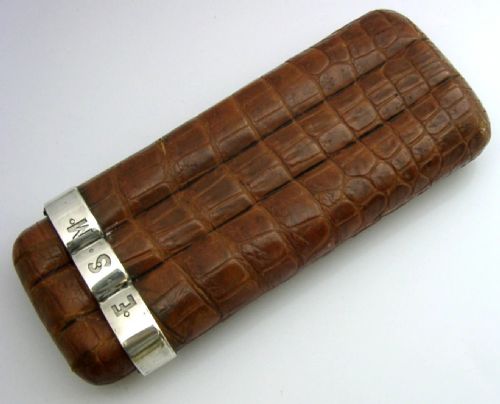 TOP QUALITY STERLING SILVER MOUNTED CROC CIGAR HOLDER 1892 ENGLISH ANTIQUE - ADDITIONAL PHOTO 1