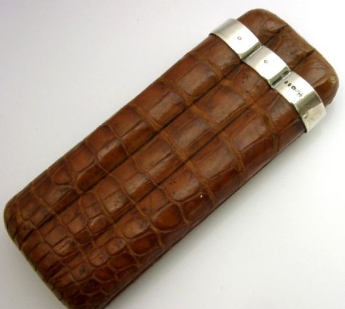 TOP QUALITY STERLING SILVER MOUNTED CROC CIGAR HOLDER 1892 ENGLISH ANTIQUE - ADDITIONAL PHOTO 2