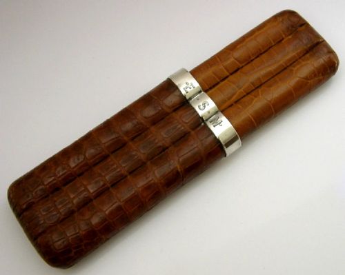 TOP QUALITY STERLING SILVER MOUNTED CROC CIGAR HOLDER 1892 ENGLISH ANTIQUE - ADDITIONAL PHOTO 3