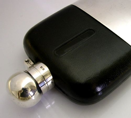 LARGE ENGLISH SILVER PLATED GLASS LEATHER HIP FLASK C1920 ANTIQUE 488G - ADDITIONAL PHOTO 1