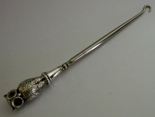rare english sterling silver handled owl button hook 1906 antique gem eyes - CATEGORY: ANTIQUE SILVER - DATED EDWARDIAN