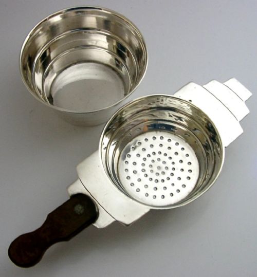 superb art deco english sterling silver tea strainer and drip bowl stand 1936 - CATEGORY: ANTIQUE SILVER - DATED 1930