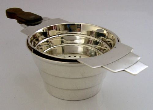 SUPERB ART DECO ENGLISH STERLING SILVER TEA STRAINER AND DRIP BOWL STAND 1936 - ADDITIONAL PHOTO 5