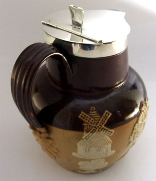 ENGLISH SALT GLAZED STERLING SILVER JUG BEER FLAGON 1905 ANTIQUE 970G HUNTING - ADDITIONAL PHOTO 5