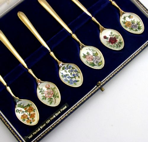 HARRODS CASED STERLING SILVER ENAMEL ENGLISH FLOWER SPOONS 1968 24K GOLD PLATED - ADDITIONAL PHOTO 1