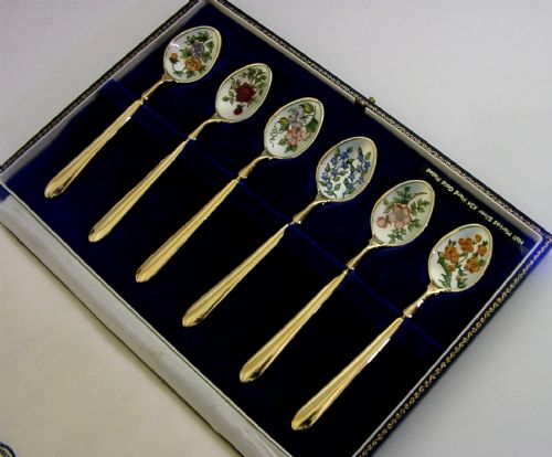 HARRODS CASED STERLING SILVER ENAMEL ENGLISH FLOWER SPOONS 1968 24K GOLD PLATED - ADDITIONAL PHOTO 2