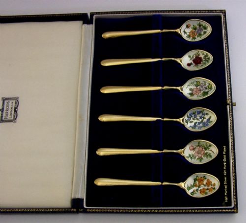 HARRODS CASED STERLING SILVER ENAMEL ENGLISH FLOWER SPOONS 1968 24K GOLD PLATED - ADDITIONAL PHOTO 3