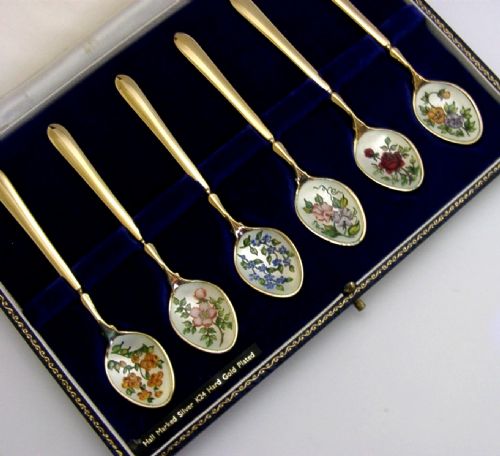 HARRODS CASED STERLING SILVER ENAMEL ENGLISH FLOWER SPOONS 1968 24K GOLD PLATED - ADDITIONAL PHOTO 4
