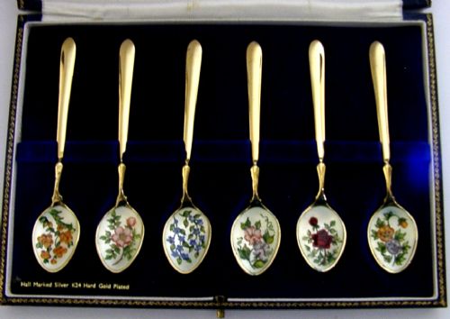 HARRODS CASED STERLING SILVER ENAMEL ENGLISH FLOWER SPOONS 1968 24K GOLD PLATED - ADDITIONAL PHOTO 6