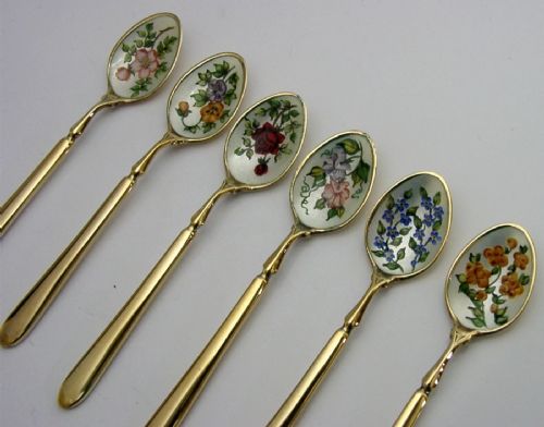 HARRODS CASED STERLING SILVER ENAMEL ENGLISH FLOWER SPOONS 1968 24K GOLD PLATED - ADDITIONAL PHOTO 7