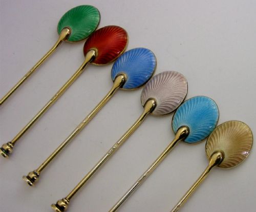 SIX MINT ENGLISH STERLING SILVER GILT ENAMELLED SPOONS 1965 CASED ART DECO STYLE - ADDITIONAL PHOTO 2