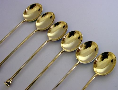 SIX MINT ENGLISH STERLING SILVER GILT ENAMELLED SPOONS 1965 CASED ART DECO STYLE - ADDITIONAL PHOTO 4