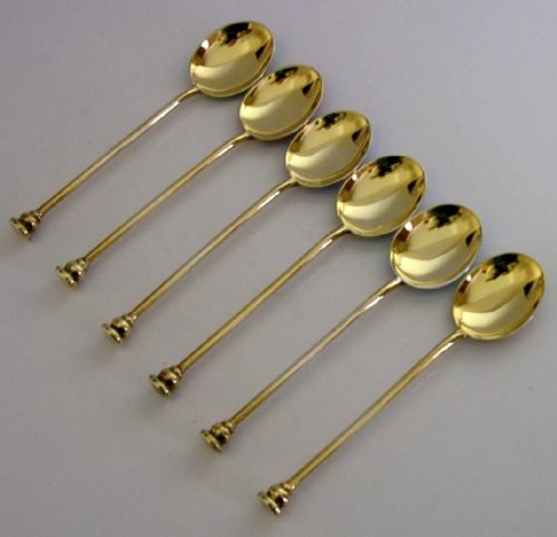 SIX MINT ENGLISH STERLING SILVER GILT ENAMELLED SPOONS 1965 CASED ART DECO STYLE - ADDITIONAL PHOTO 6