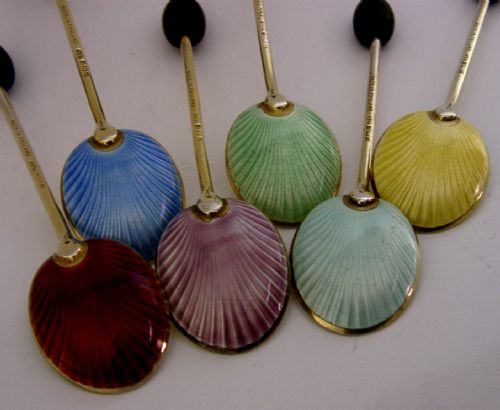 SIX ENGLISH STERLING SILVER GILT ENAMEL COFFEE BEAN SPOONS 1956 CASED ART DECO - ADDITIONAL PHOTO 2