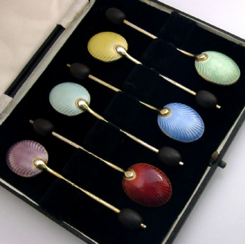 SIX ENGLISH STERLING SILVER GILT ENAMEL COFFEE BEAN SPOONS 1956 CASED ART DECO - ADDITIONAL PHOTO 3