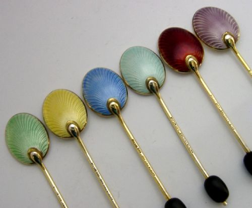 SIX ENGLISH STERLING SILVER GILT ENAMEL COFFEE BEAN SPOONS 1956 CASED ART DECO - ADDITIONAL PHOTO 5
