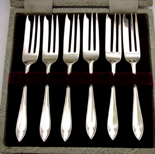 cased six sterling silver cake pastry forks 1926 art deco 88g english antique - CATEGORY: ANTIQUE SILVER - DATED 1920