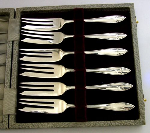 CASED SIX STERLING SILVER CAKE PASTRY FORKS 1926 ART DECO 88G ENGLISH ANTIQUE - ADDITIONAL PHOTO 4