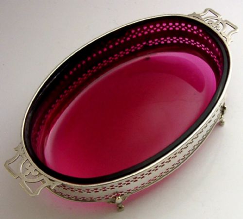 BEAUTIFUL ENGLISH STERLING SILVER CRANBERRY GLASS DISH 1926 ANTIQUE 176G - ADDITIONAL PHOTO 2