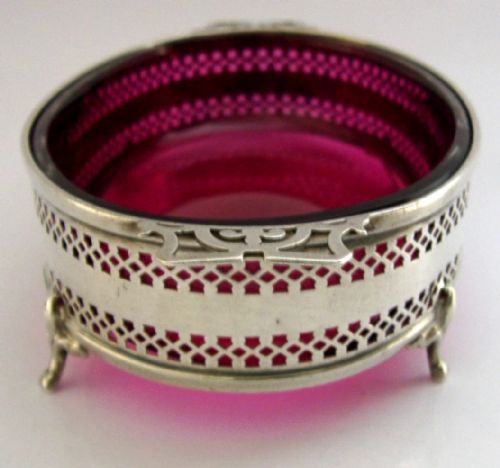 BEAUTIFUL ENGLISH STERLING SILVER CRANBERRY GLASS DISH 1926 ANTIQUE 176G - ADDITIONAL PHOTO 3