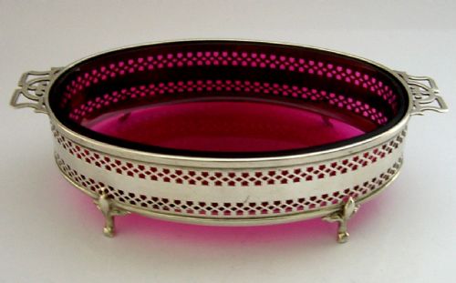 BEAUTIFUL ENGLISH STERLING SILVER CRANBERRY GLASS DISH 1926 ANTIQUE 176G - ADDITIONAL PHOTO 4